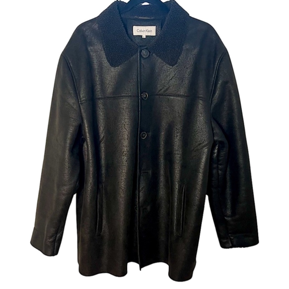 Calvin Klein Men’s Faux Leather Sherpa Lined Car Coat Brown Size L Quiet Luxury